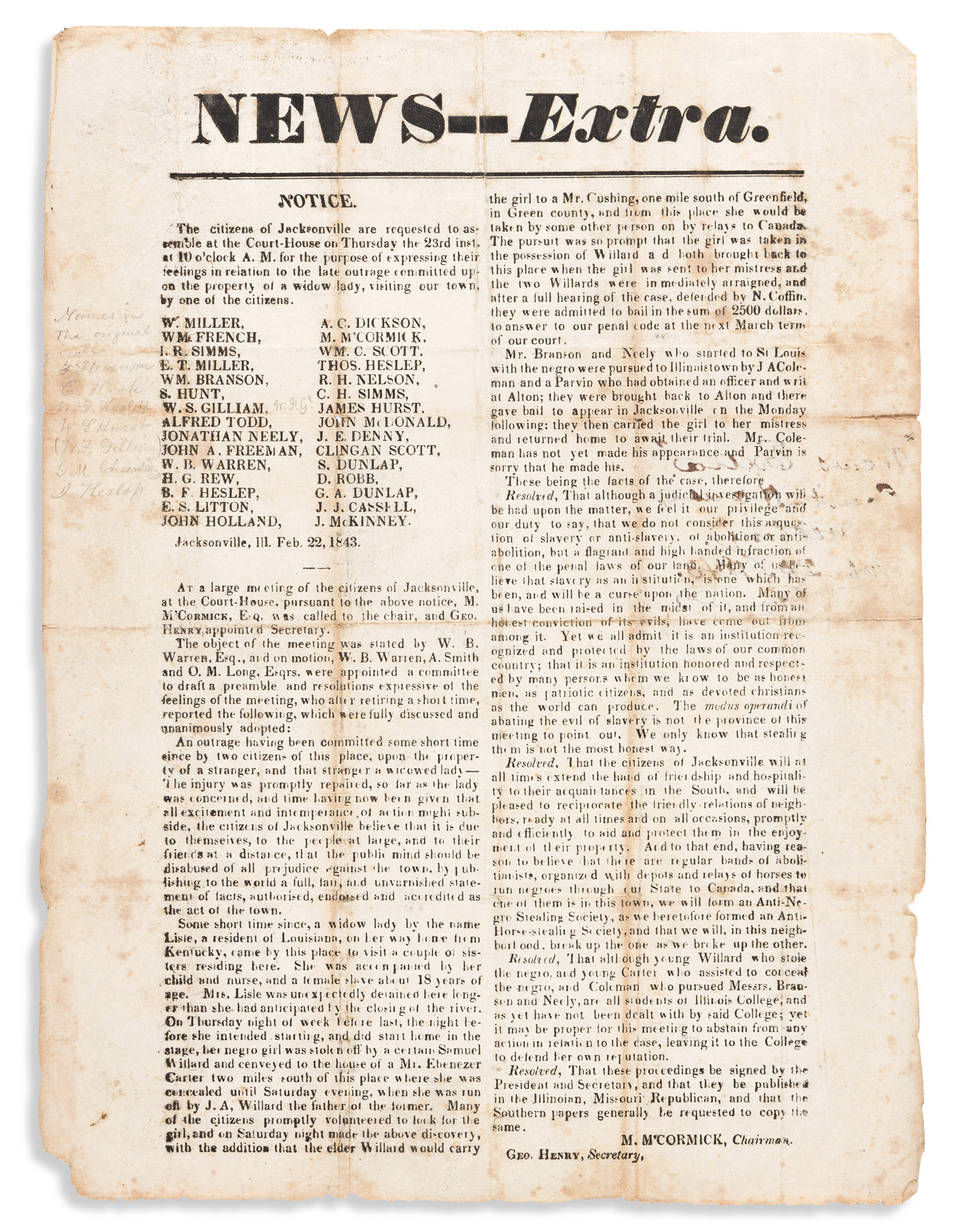 (SLAVERY AND ABOLITION.) Broadside announcing the formation of an Anti-Negro Stealing Society to fight the Underground Railroad.